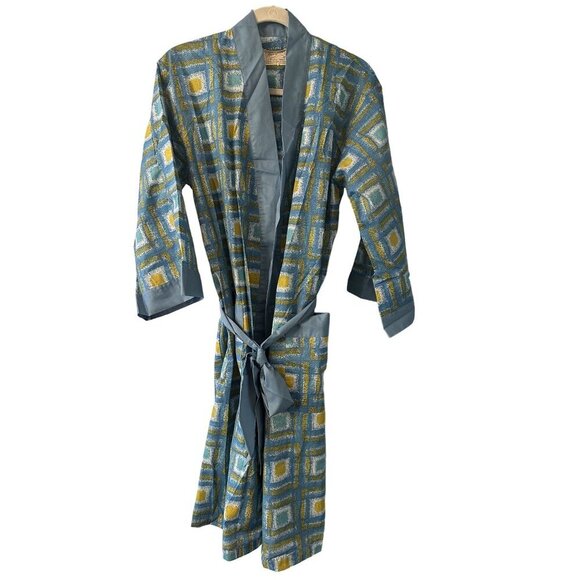 Vintage Designer Original By Fleetway Robe  Blue & Yellow Geometric Print  S - Picture 1 of 4